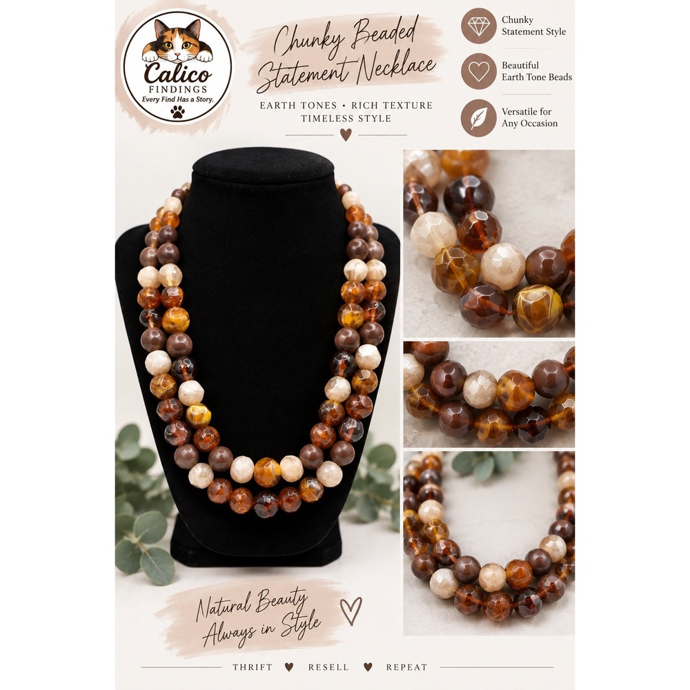 Chunky Beaded Statement Necklace Earth Tones Multi Strand Beaded